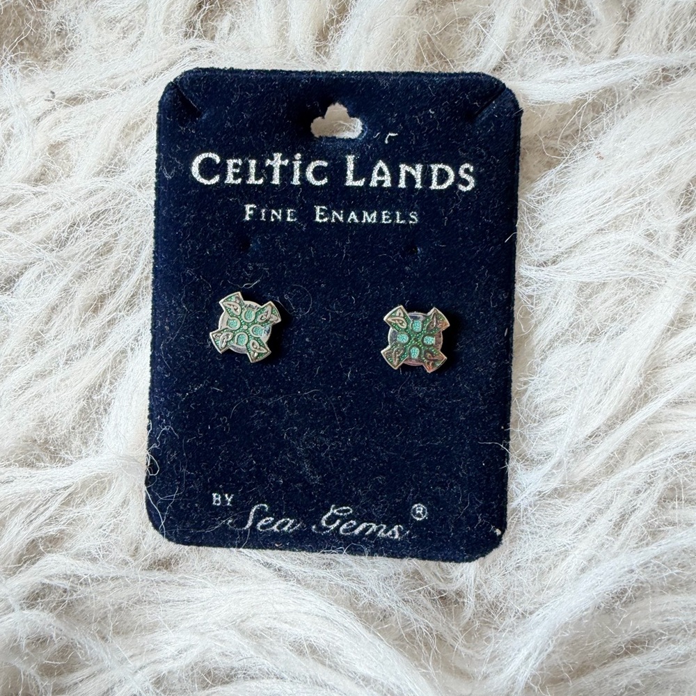 Celtic Lands Sea Gems Green Enamel Cross Stud Earrings